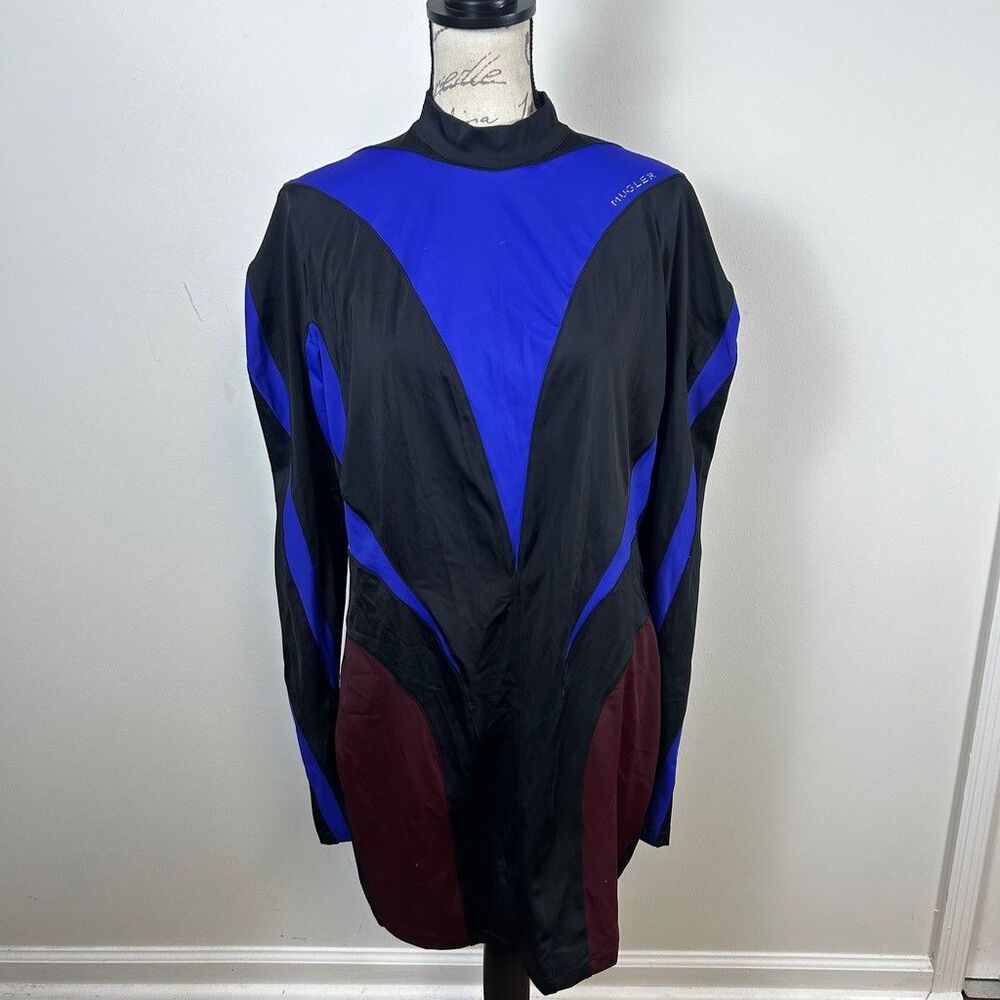 Mugler H&M Colorblock Mini Dress Womens Blue Black Burgundy Long Sleeve Mock
